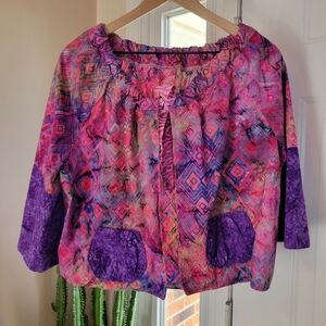 Bohemian Patchwork Duster 3/4 Sleeve Colorful Open Tie Top, Size‎ Womens Large